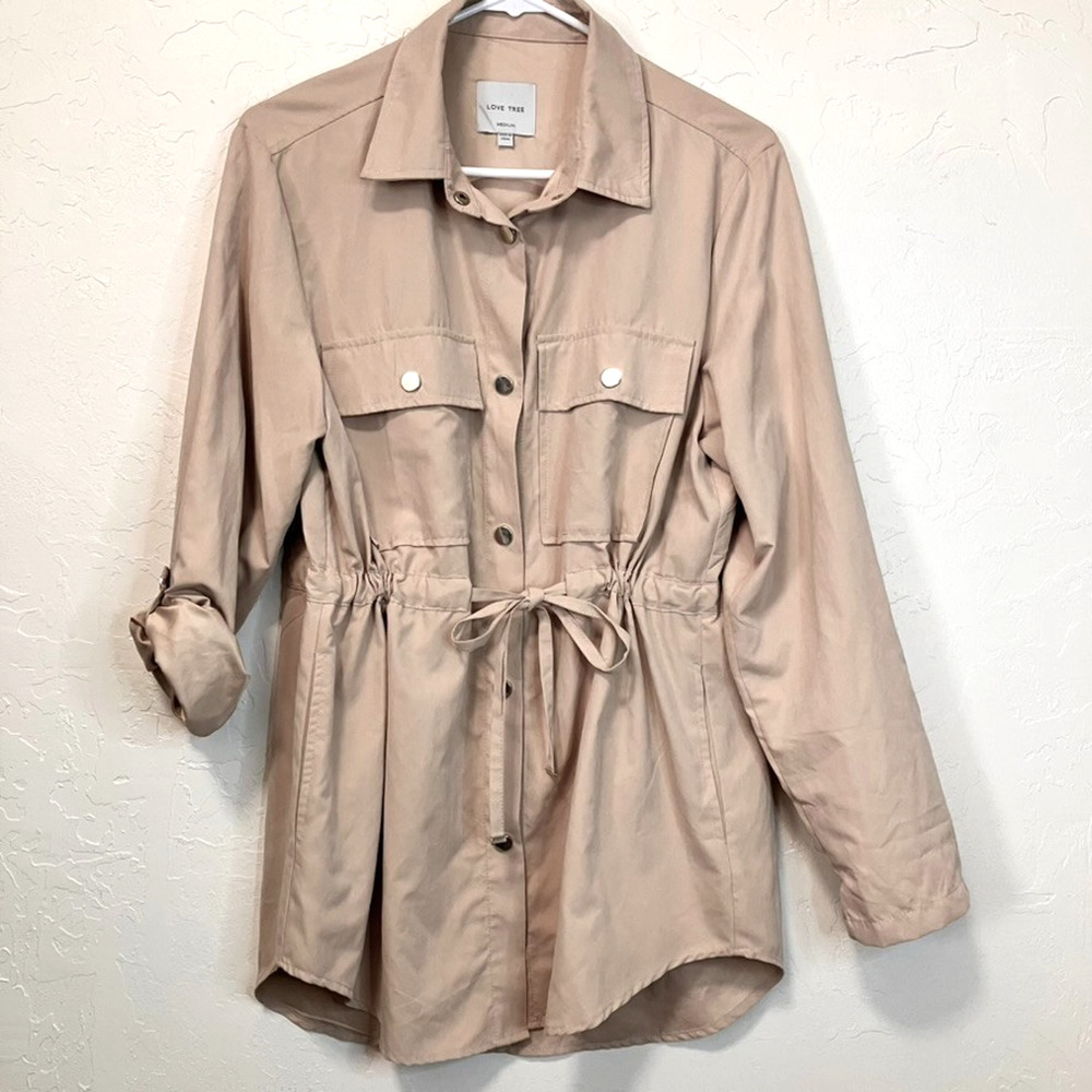 Love Tree Utility Jacket Beige Drawstring Snap Button Lightweight Faux Suede M
